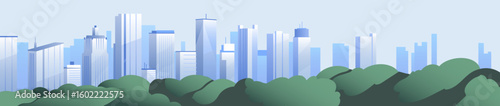 Panorama of cityscape with green park and skyscrapers. Landscape with city architecture. Downtown with office buildings, business district with high rise residential houses. Flat vector illustration