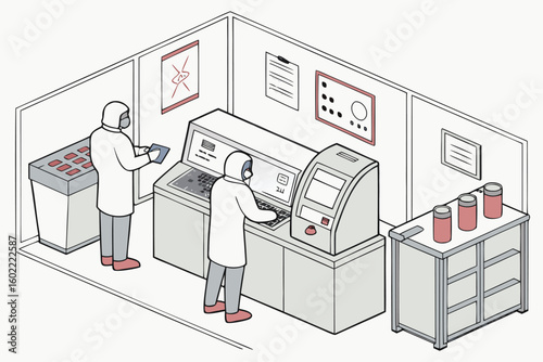 Workers using laboratory equipment in a clean room environment for scientific research and analysis at a facility during daytime hours