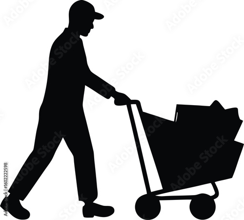 a man pushing a shopping cart full of groceries silhouette vector