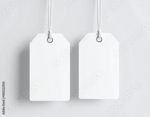 minimalist hanging tag mockup, two blank rectangular paper tags with rounded corners, hanging on white strings, metal eyelets, light grey background