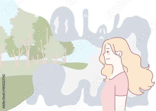A serene and tranquil illustration of a woman thoroughly enjoying the beauty of nature amidst an abstract backdrop