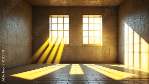 Sunlight streams through industrial windows casting dramatic golden beams across a rustic wooden floor