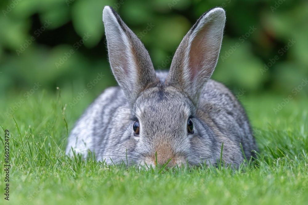 Fototapeta premium Adorable grey rabbit with patchy fur resting on a green park field munching on grass