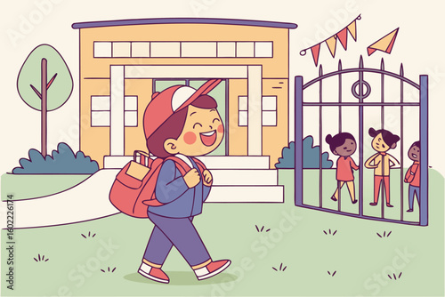 Happy child walks to school with a backpack while classmates greet from behind the gate on a sunny day