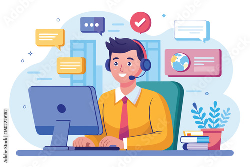 Customer service representative assisting clients with inquiries using a computer in a busy and colorful office environment