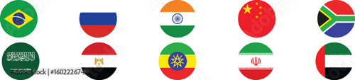 A collection of national flag icons for BRICS countries and new members, including Brazil, Russia, India, China, South Africa, Saudi Arabia, Egypt, Ethiopia, Iran, and the UAE.