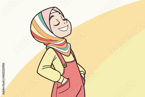 Young girl wearing a colorful hijab and overalls stands confidently with a joyful expression in a bright, cheerful setting during daytime