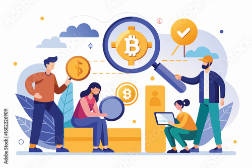 Group of individuals analyzing cryptocurrency trends in a vibrant, modern setting with Bitcoin and dollar symbols, showcasing an engaging discussion about digital finance