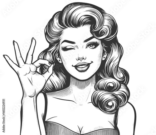 smiling woman winking and making an OK sign sketch engraving generative ai fictional character vector illustration. Scratch board imitation. Black and white image.