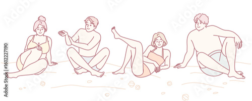 A charming illustration of friends having fun at the beach, showcasing relaxation and vibrant summer vibes
