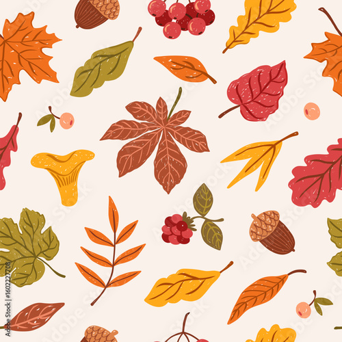 Autumn hand drawn leaves doodle seamless pattern. Fall leaves, acorn, chanterelle, chestnut, maple, raspberry, oak, ashberry. Trendy season print. Harvest time. Thanksgiving day. Vector illustration.