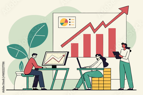 Team of professionals working on financial analysis and data visualization in a modern office setting during the day focused on growth and productivity