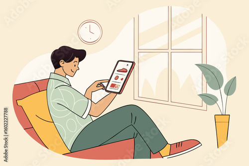 Young man relaxes on a sofa while using a tablet to browse online in a cozy indoor environment during the afternoon