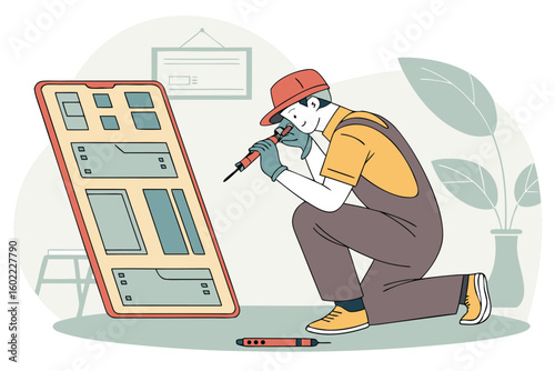 Technician repairing electronic device in workshop during day
