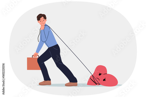 Business man goes to work with pain in heart tied to rope, suffering due to problem in personal life. Sad office employee with burnout syndrome causing job aversion and heart disease