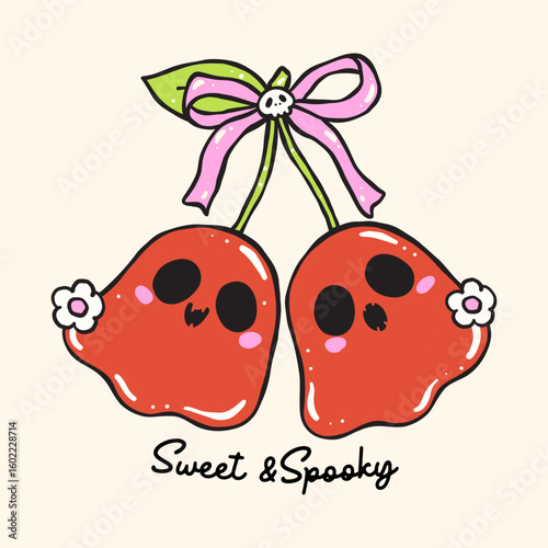 Cute Coquette Summerween Girly ghost Cherries aliked Sweet and Spooky Cartoon doodle hand drawn