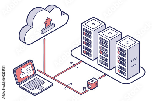 Data transfer process from a laptop to cloud storage and servers represented through a simple illustration showcasing modern technology and connectivity concepts