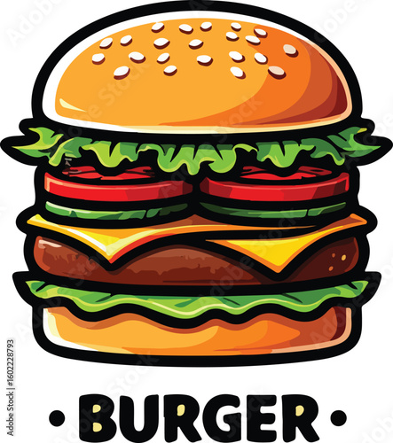 Juicy layered burger with sesame seed bun and fresh ingredients seeds lettuce style vector illustration EPS file download