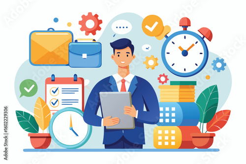 Effective time management strategies for professionals in a busy office environment with tools and tasks illustrated