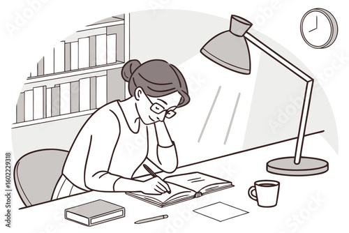 Woman studying at a desk with books and a lamp in a cozy room during the evening hours