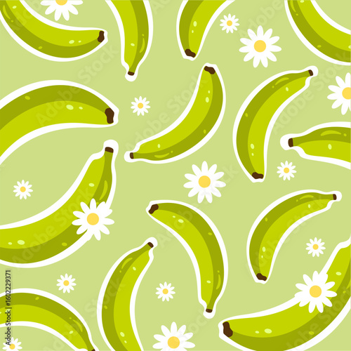 Green banana seamless pattern with flower decoration. Unripe banana cartoon. Fruit illustration. Can be used for print, paper wrapping, fashion fabric