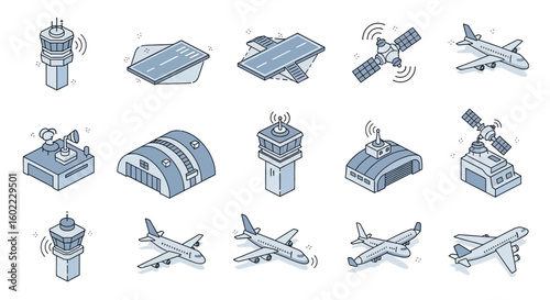 Isometric Aviation Vector Icon Set with Airport and Aircraft Illustrations in a Blue Line Art Style