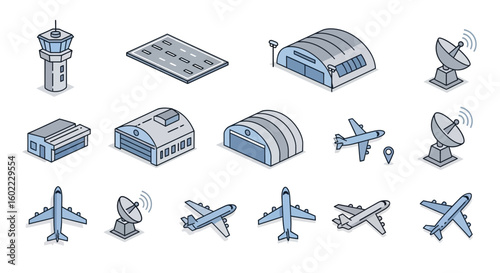 Isometric icon set of airport infrastructure, including airplanes, hangars, a runway, radar dishes, and an air traffic control tower.