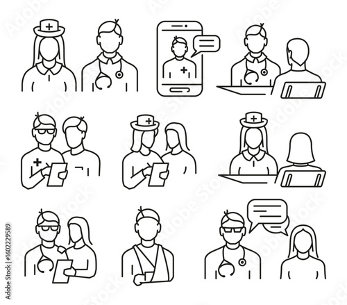 Doctor and patient icons illustrating various healthcare interactions and virtual consultations in a modern medical environment