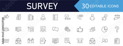 Survey web icon set in line style. Includes question, opinion, satisfaction, research, review, poll, task, answer, and more. Editable stroke for easy use. vector, illustration.