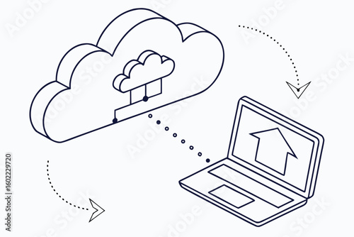 Cloud computing concept with data transfer between a laptop and a cloud storage service illustrated in a simple design