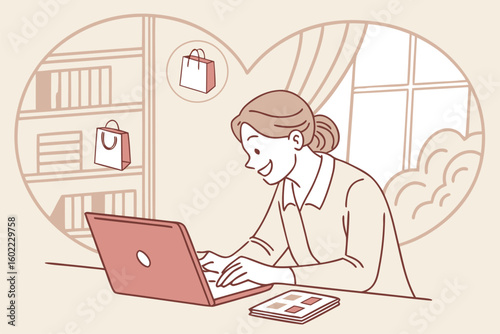 Woman enjoying online shopping while sitting at her desk on a cozy afternoon with warm sunlight filtering through the window