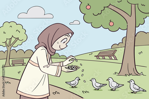 Young girl feeding pigeons in a serene park on a sunny day surrounded by trees and greenery while wearing traditional attire