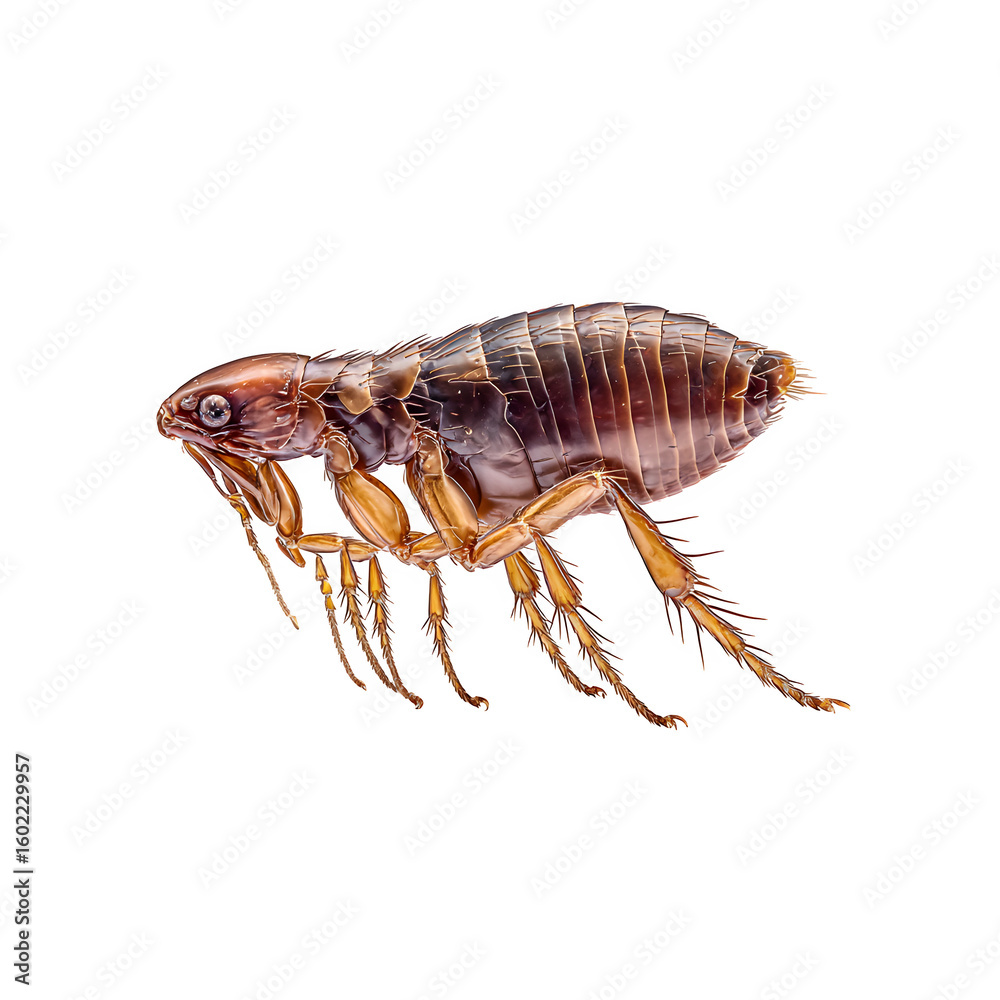Obraz premium Close-up view of a flea with detailed legs and body texture and neutral lighting and scientific style and isolated white background Batch realistic clean bright simple modern stock image isolated 