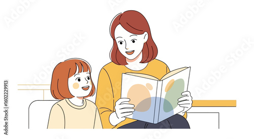 Gentle Hand Drawn Vector Illustration of a Mother Reading a Book to Her Daughter