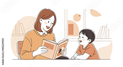 Hand Drawn Vector Illustration of a Mother and Son Reading a Book Together