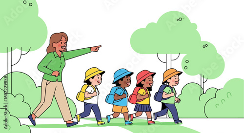 Cartoon Vector Illustration of a Teacher Leading Diverse Students on a Field Trip