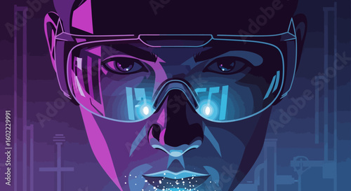 Futuristic Sci Fi Vector Illustration of a Person with Neon Goggles in a Cyberpunk City