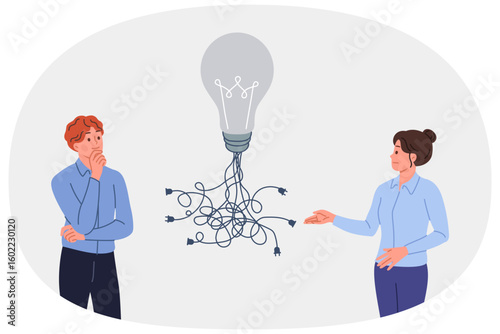 Business idea with many ways of implementation in form of light bulb with wires near man and woman office employees. Teamwork with brainstorming to find optimal solution to bring idea to life