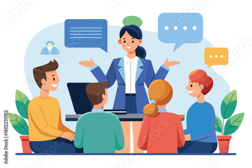 Group discussion in a conference setting with a presenter engaging participants in a collaborative learning environment