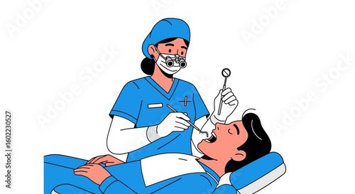 Dental Care Vector Illustration with a Dentist Examining a Patient in a Blue Uniform