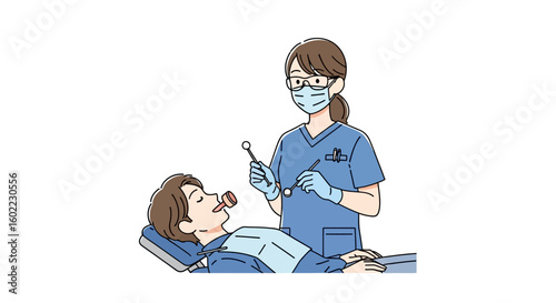 A female dentist wearing a mask and gloves examines a male patient's open mouth with dental tools in a clinic.