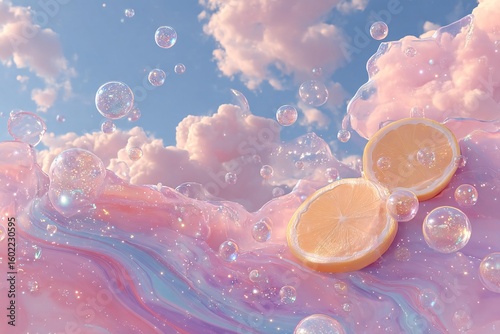 Fresh Lemon Slices Surrounded by Colorful Bubbles and Clouds