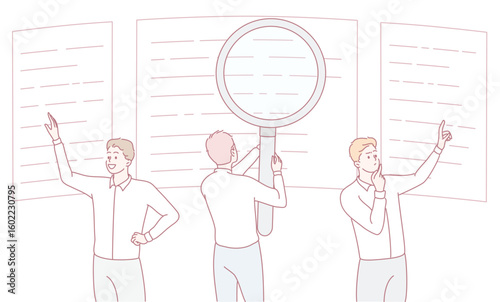 Professionals carefully evaluate important documents using a magnifying glass to ensure clarity and detail inspection