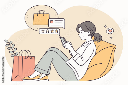 Woman relaxing on a bean bag while shopping online with her smartphone and enjoying the convenience of home delivery during her free time