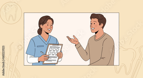 Dental Consultation Vector Illustration with a Friendly Dentist and Patient Discussing a Dental Chart