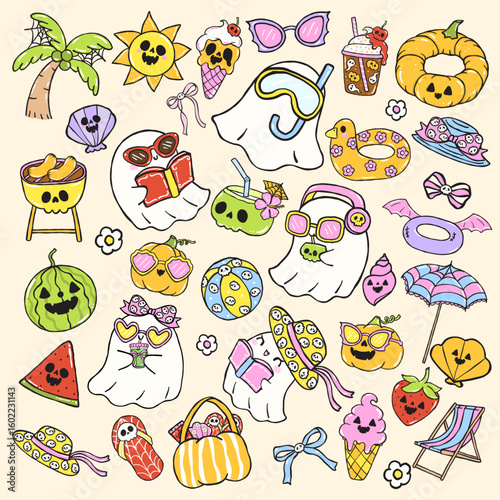 Cute Summerween ghost Halloween Summer Cartoon doodle hand drawn Element Collection