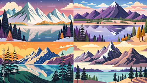 illustration set of Snow covered Andes mountains and lake and pine trees