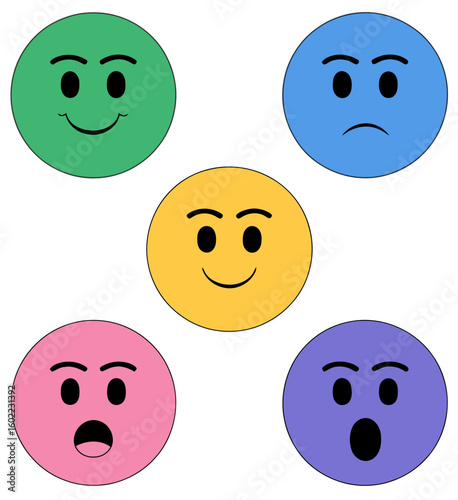 A set of five colorful circular emoticons expressing a range of emotions including happiness, sadness, anger, and surprise.