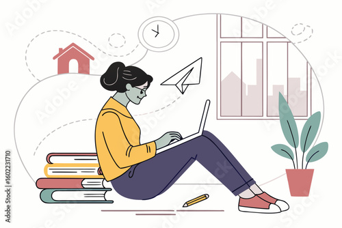Adult woman studying at home while seated on the floor with books, working on laptop, surrounded by indoor plants and a cozy atmosphere in a minimalist setting