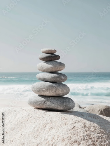 A carefully balanced stack of smooth, grey stones rests on a sandy beach, with a tranquil ocean and sky as a backdrop.  The scene evokes serenity and balance
